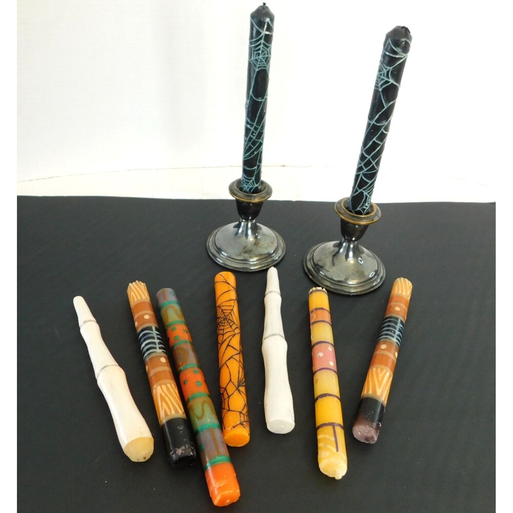 Halloween Candle Lot of 9 with Vintage Pilgrim Silverplate Candlesticks Holders